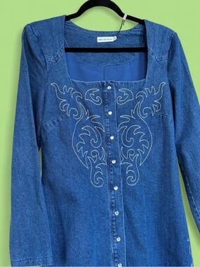 Avec Les Filles Western Embroidered Denim Dress